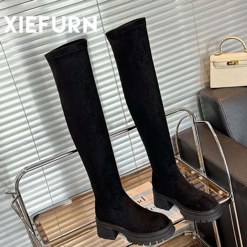 XIEFURN/鞋夫人女鞋时尚绒面秋冬百搭日常通勤显瘦高筒长筒增高靴