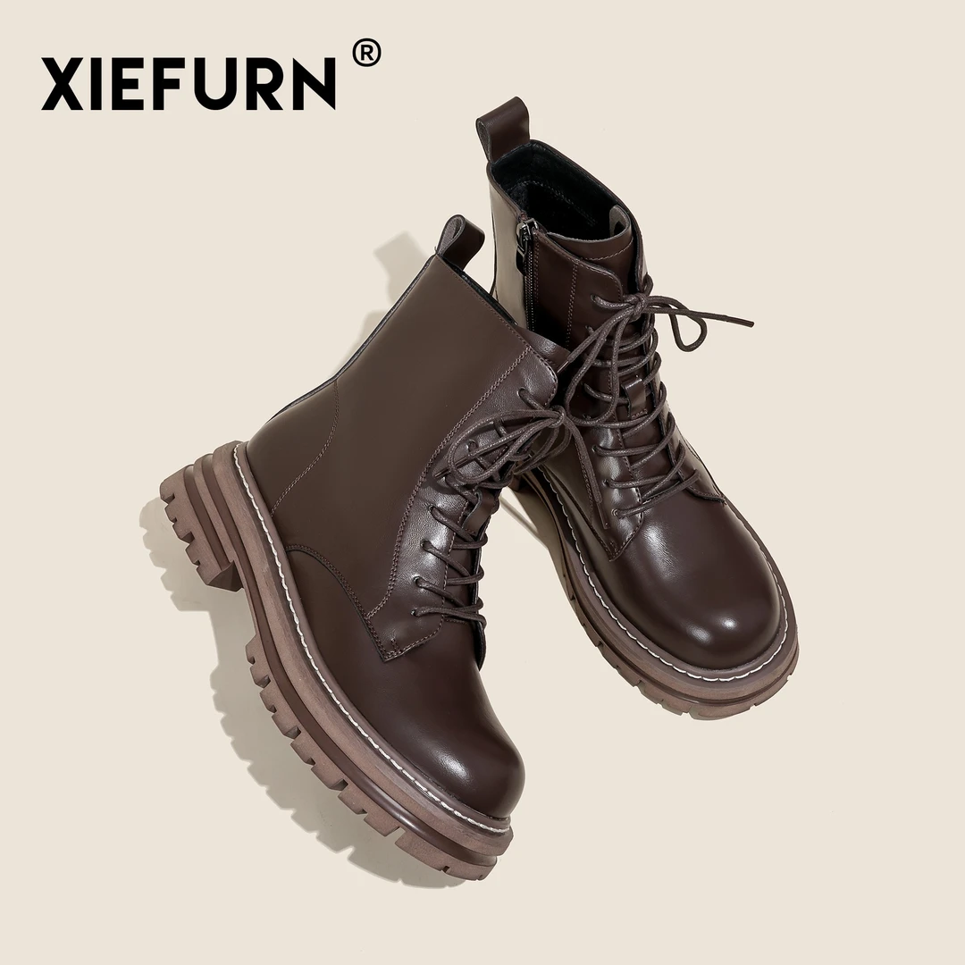 XIEFURN/鞋夫人厚底马丁靴女2022年秋冬新款英伦风系带短靴197-1