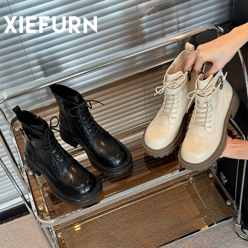 XIEFURN/鞋夫人2024英伦风系带短靴增高复古百搭厚底系带马丁靴女