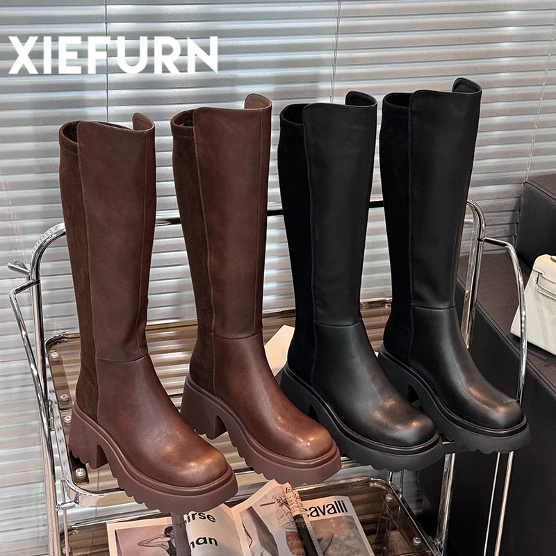 XIEFURN/鞋夫人女鞋小个子厚底骑士长筒时尚百搭粗跟英伦风秋冬