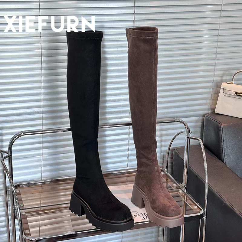 XIEFURN/鞋夫人时尚秋冬厚底小个子高筒圆头弹力袜靴日常百搭显瘦
