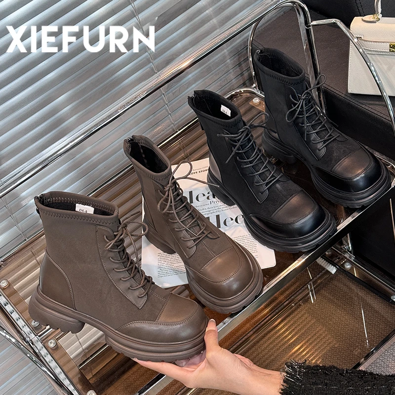 XIEFURN/鞋夫人短筒日常通勤百搭时尚经典舒适显瘦圆头粗跟马丁靴