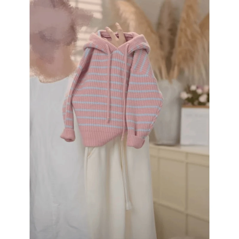 2025春季新款女童儿童粉色条纹洋气百搭连帽毛衣阔腿裤时尚套装