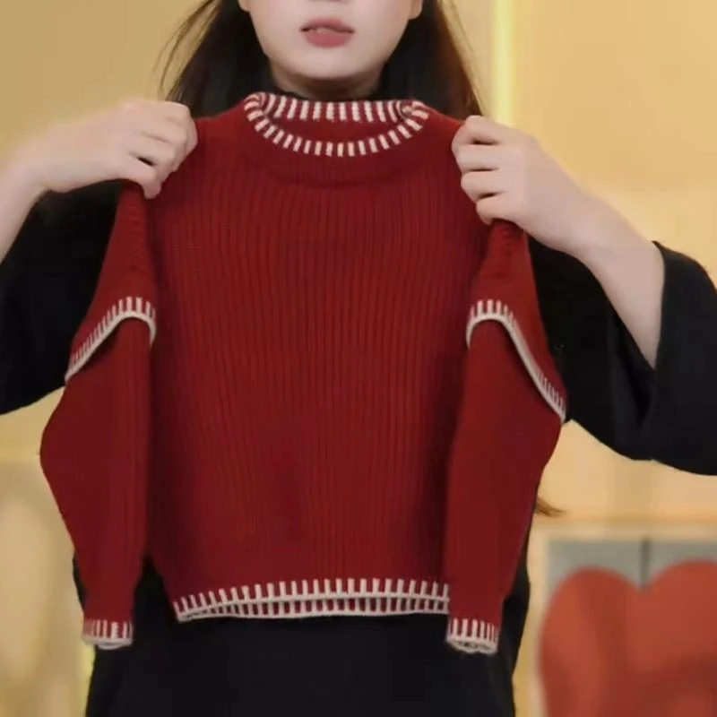 2025秋冬季儿童百搭假两件毛衣韩版男女童韩版童装宝宝红色针织衫