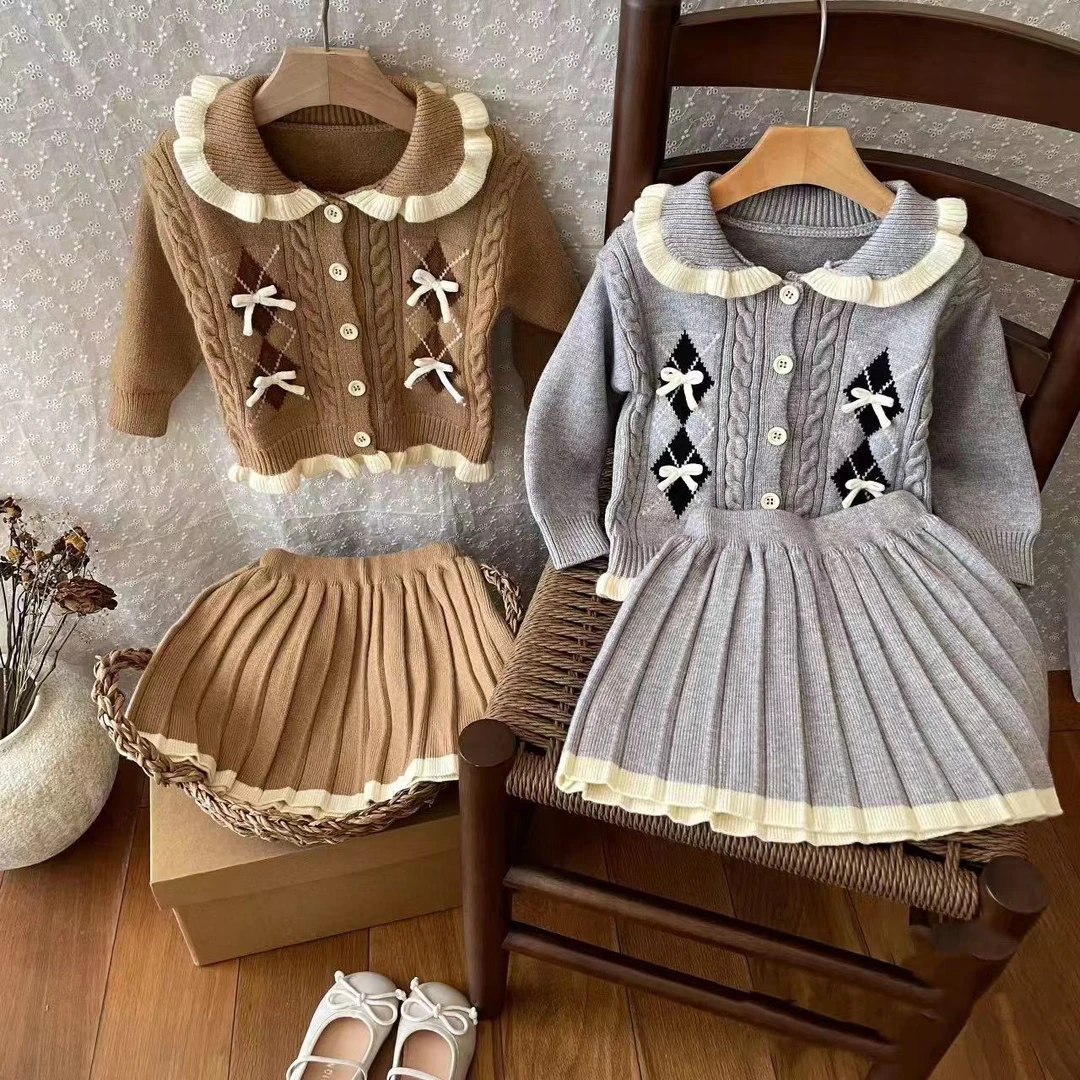 韩版童装女童学院风套装2025新款秋装儿童洋气针织毛衣外套百褶裙