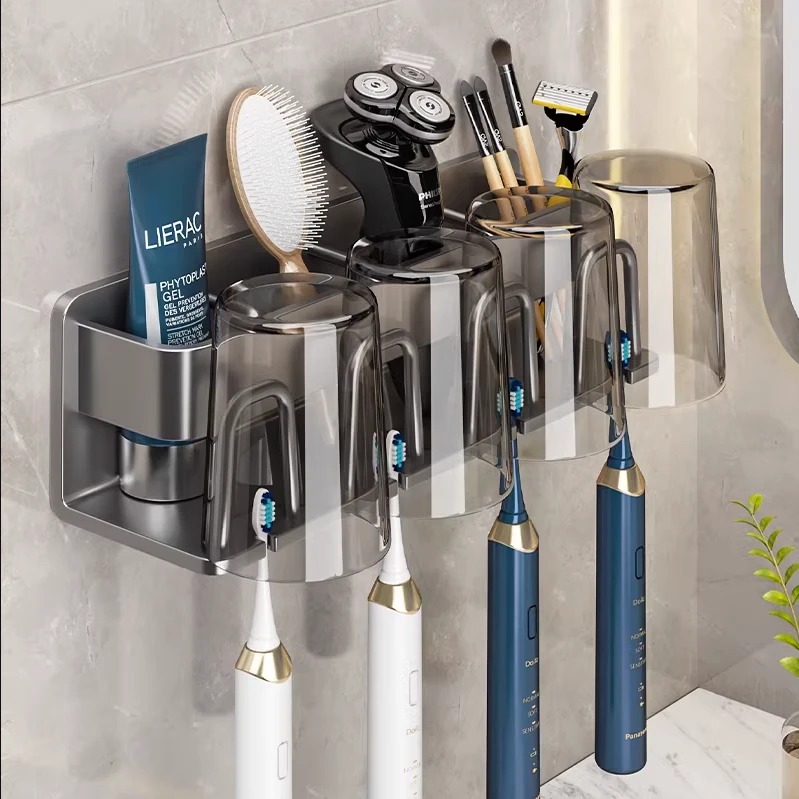 牙刷置物架免打孔枪灰卫生间漱口杯刷牙杯收纳壁挂式电动牙刷架子