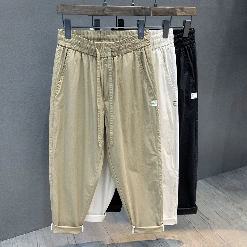 轻薄款爽滑凉感纯棉休闲裤男士夏季宽松锥形小直筒潮流工装长裤子