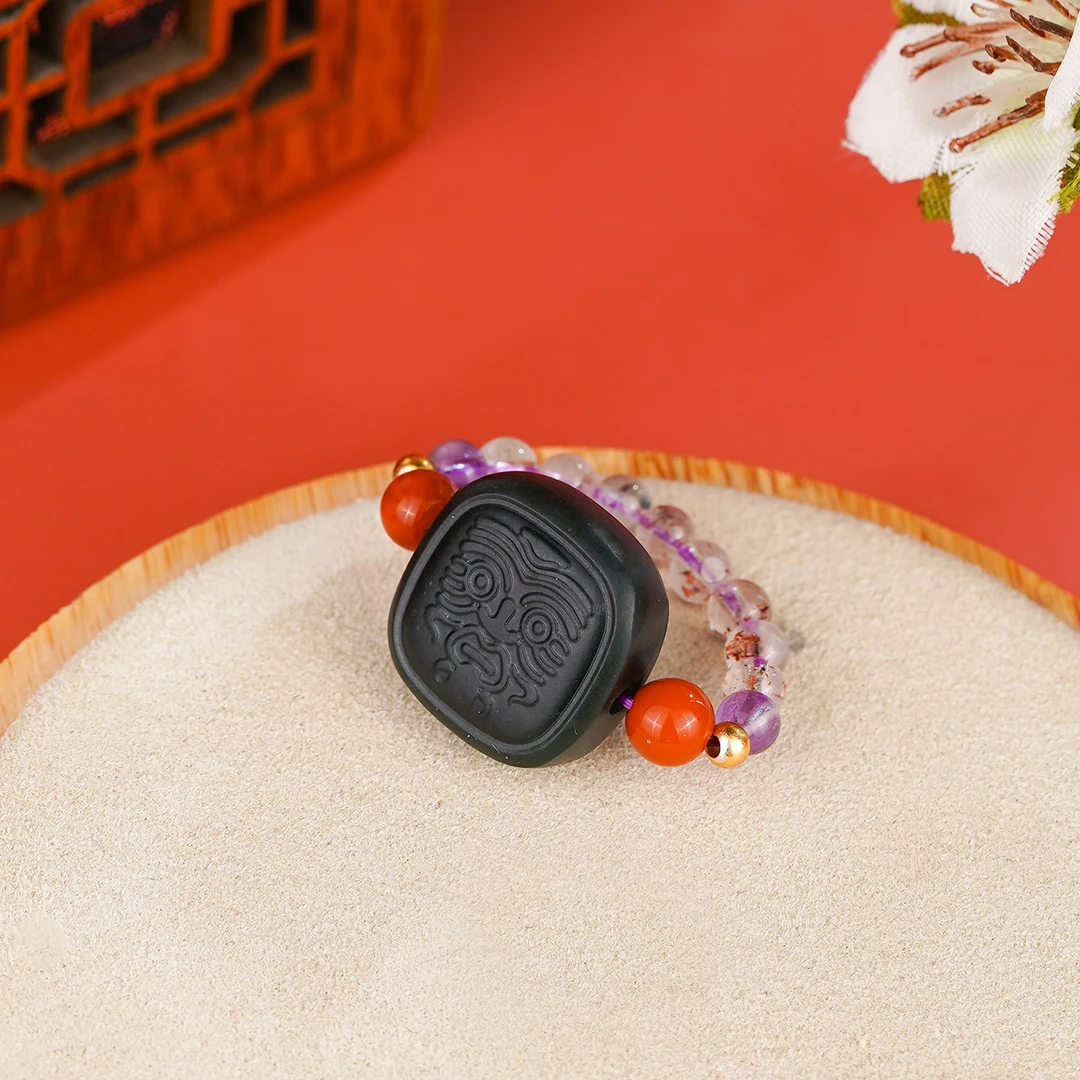 和田玉塔青扎基拉姆-凉山南红天然超七戒指双面雕刻图腾祥云纹