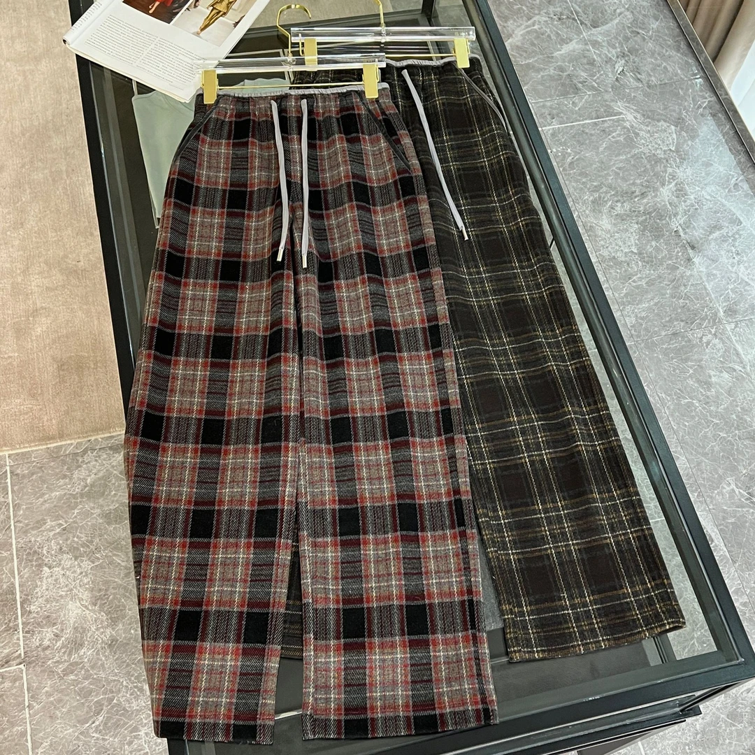 {新品}秋冬复古英伦风高密度毛呢格纹垂感直筒裤*J