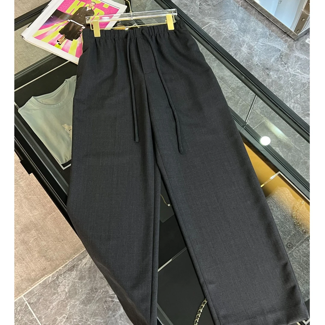 {新品}【通勤lady】ED混羊毛休闲风深灰色抽绳松紧腰西装直筒裤*J