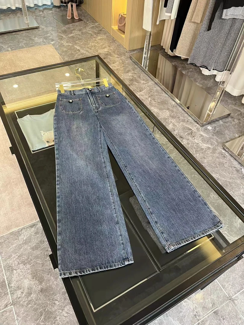 {新品}【100棉】卓家复古款式水洗设计感休闲阔腿牛仔裤*J