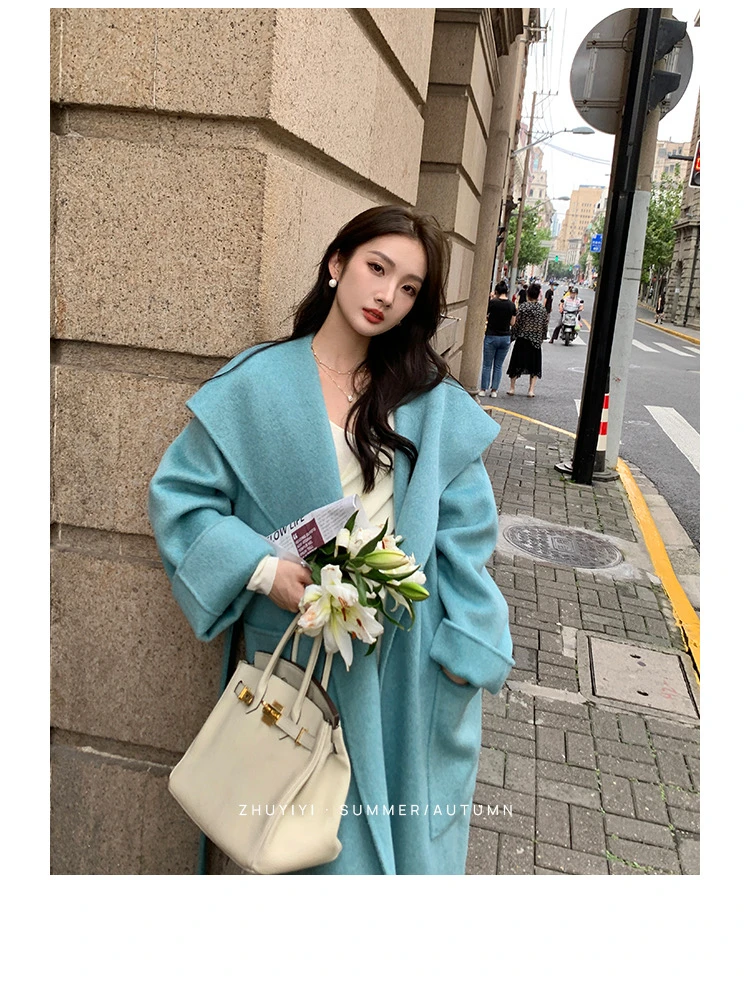 桐乡羊绒蓝色双面羊绒大衣女冬全羊毛加厚长款大翻领毛呢大衣冬款