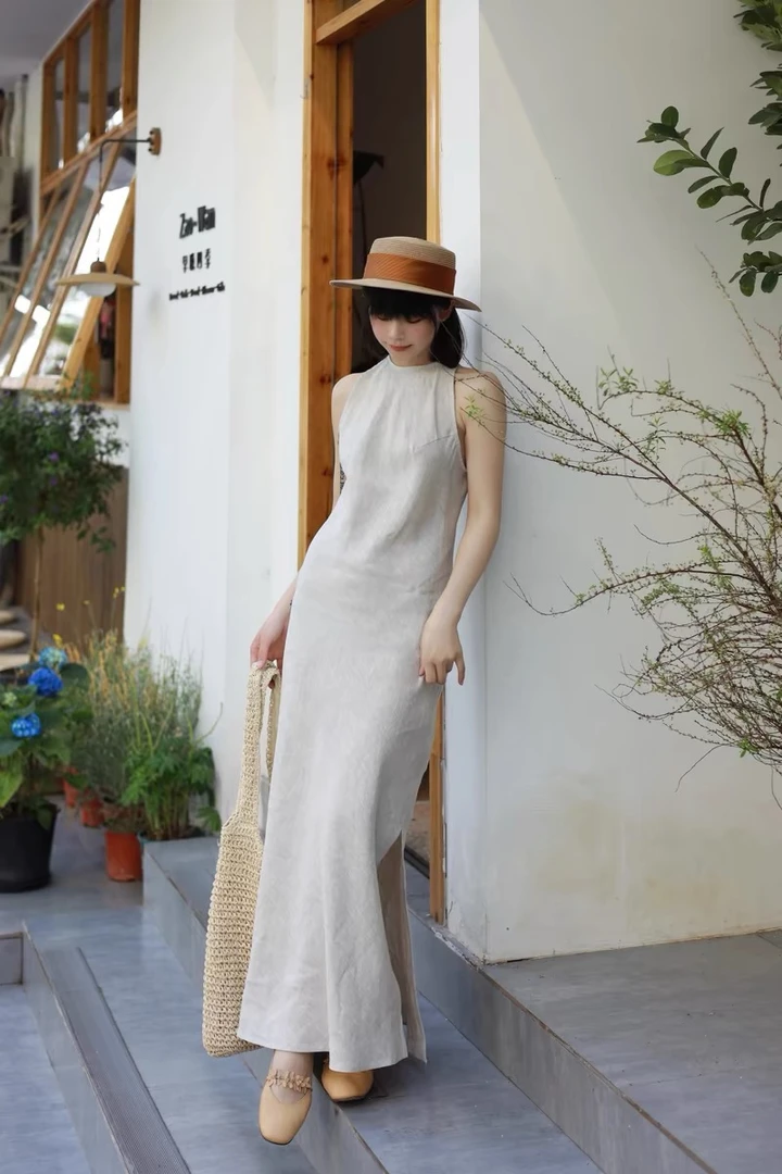 202445度斜裁高支荃亚麻白色新中式清冷感无袖连衣裙气质背心裙女