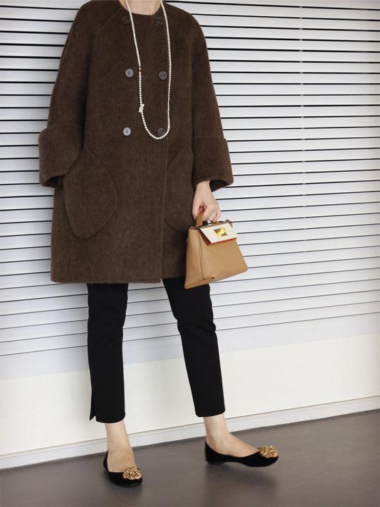 时髦大气简约翻袖中长款驼绒羊毛双面呢大衣圆领双排扣A字外套冬