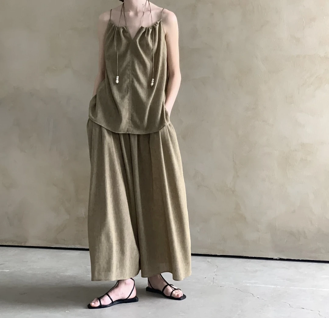 亚麻混纺法式度假气质显瘦吊带半身裙裤女夏套装上衣吊带背心潮
