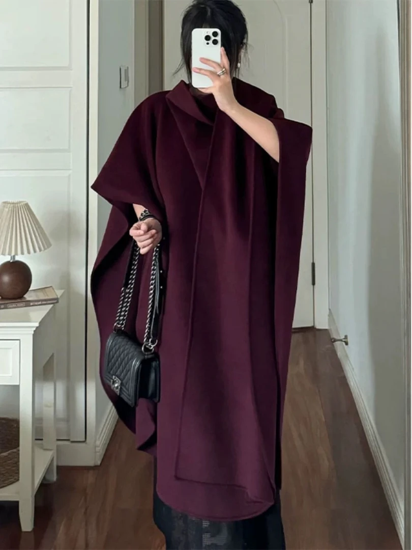 100%羊毛自带贵气双面羊绒高领披肩斗篷宽松百搭毛呢大衣外套冬款