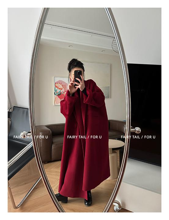红色双面呢羊毛大衣女长款宽松2023新款秋冬韩系冬季羊绒毛呢外套