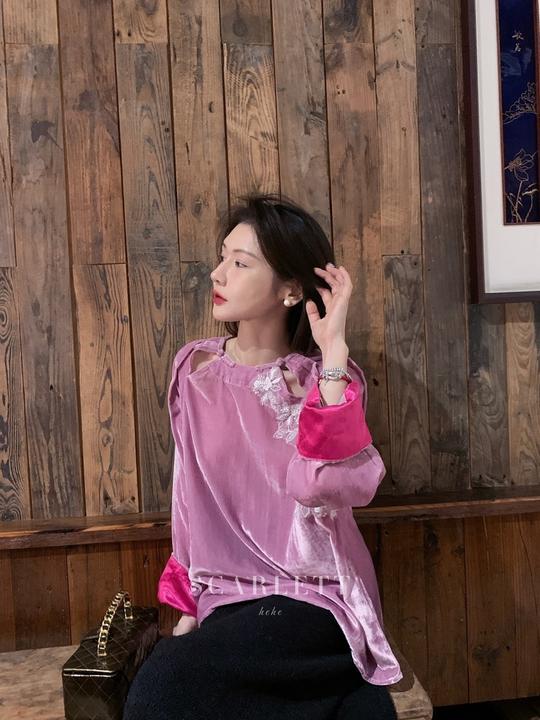 蕾丝显瘦气质长袖时尚新中式蝉翼丝绒手工珠管刺绣微透丝绒上衣潮