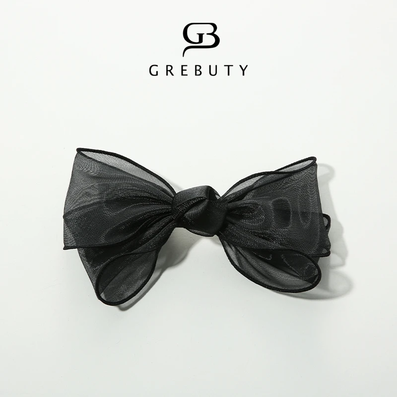 GREBUTY  4306 新品黑色纱纱蝴蝶结弹簧夹