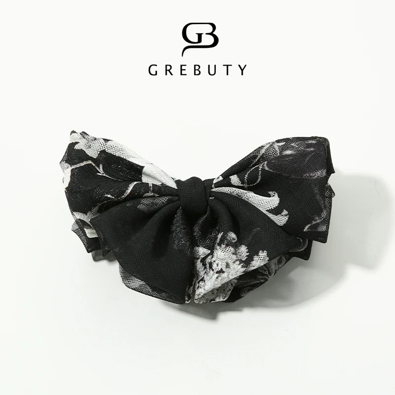 GREBUTY 非金属布艺发饰 4626 新品优雅气质黑色碎花蝴蝶结香蕉夹