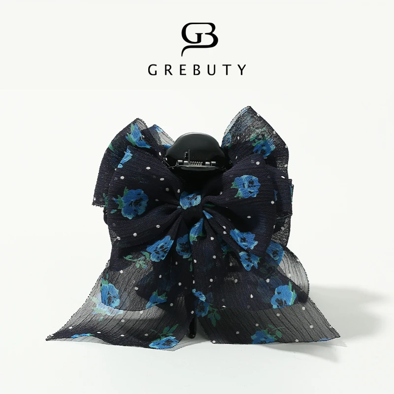 GREBUTY 4569 新品藏蓝色碎花蝴蝶结丸子头抓夹
