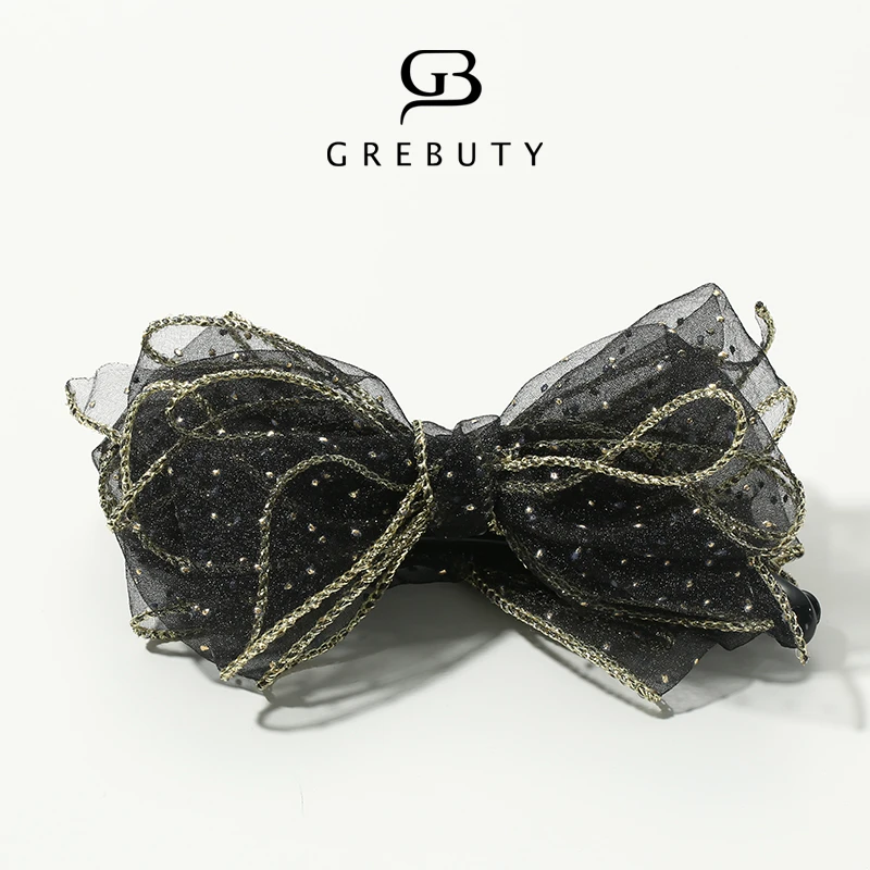 GREBUTY 4453 新品黑色网纱金点三层蝴蝶结香蕉夹