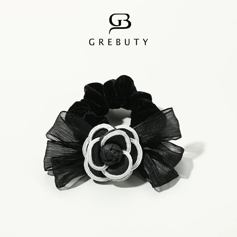 GREBUTY 非金属布艺发饰 4035 新品黑色山茶花蝴蝶结发圈