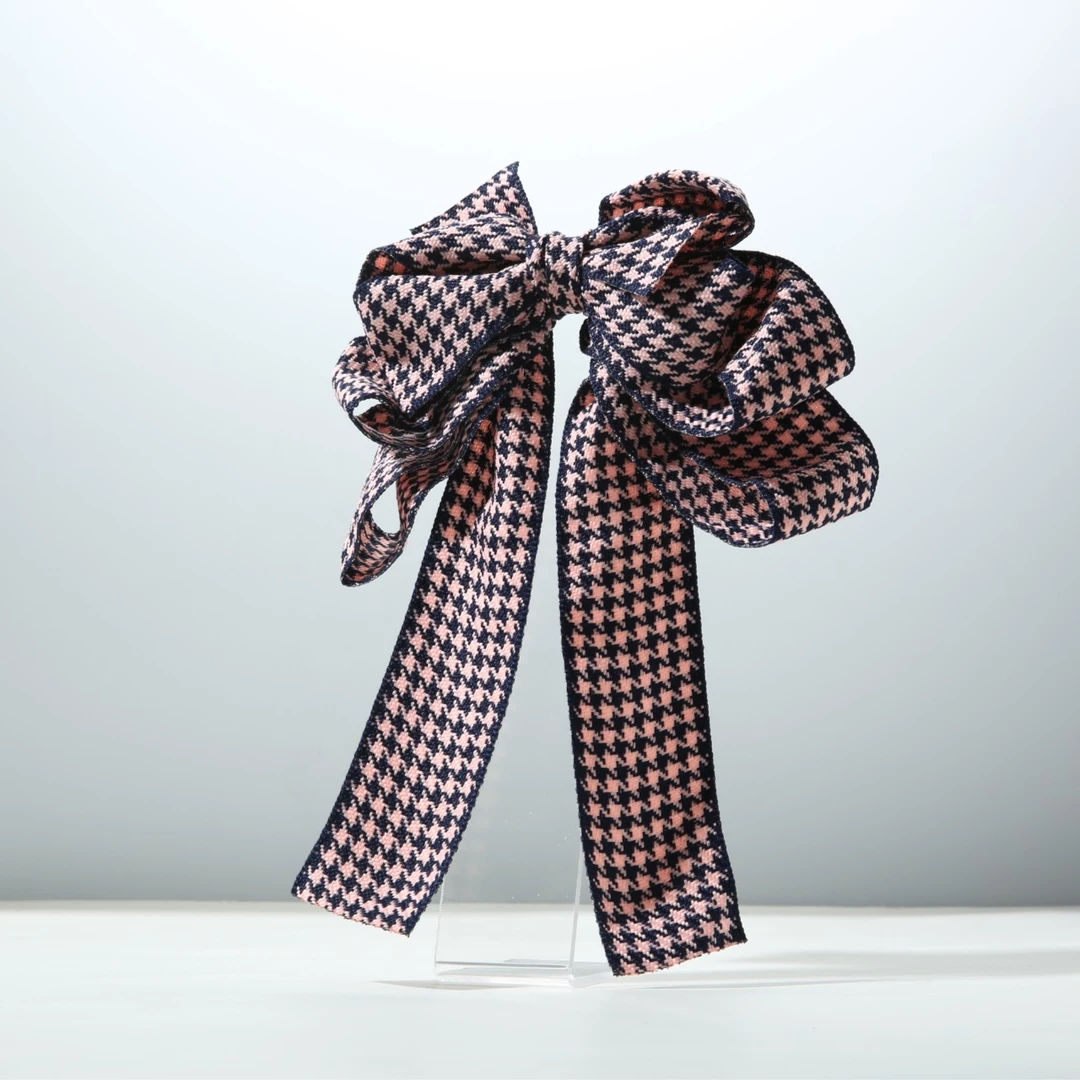 GREBUTY 2149 新品粉蓝千鸟格飘带蝴蝶结弹簧夹