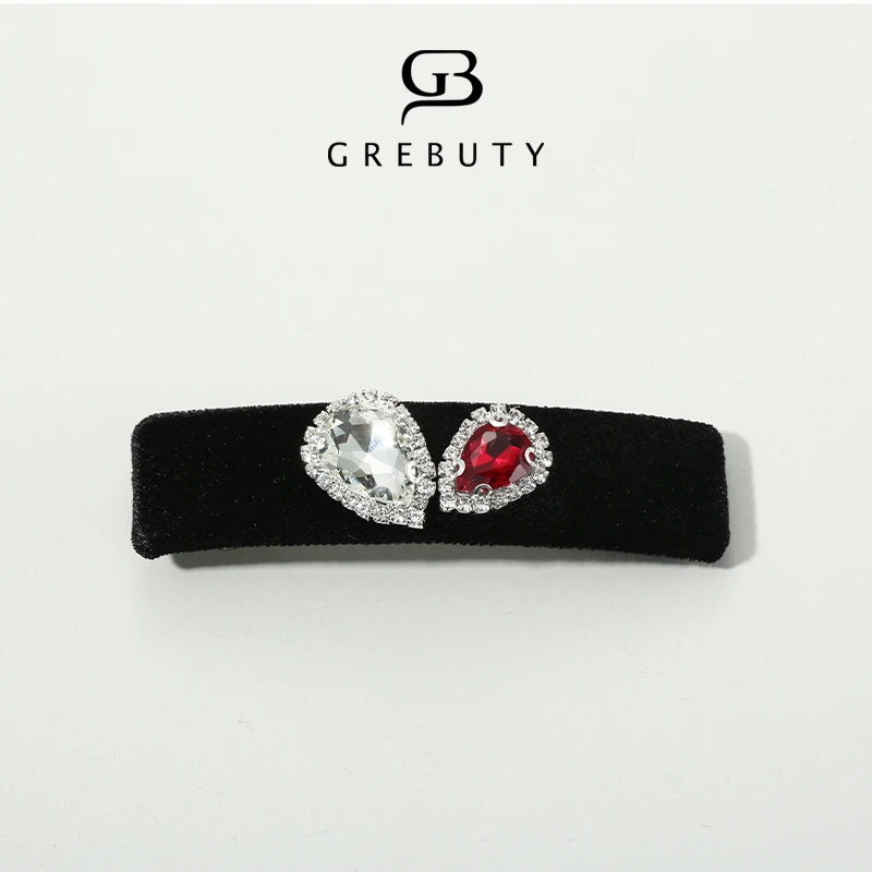 GREBUTY 3959 新品红白色锆石闪闪一字弹簧夹