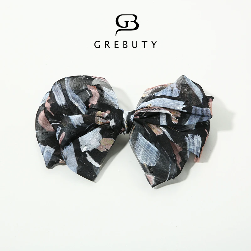 GREBUTY 4184 新品藏蓝色花花多层蝴蝶结弹簧夹