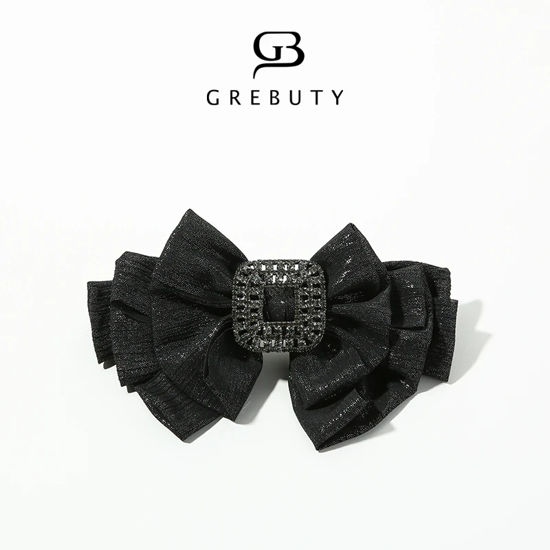 GREBUTY 4292 新品黑色细闪多层蝴蝶结弹簧夹