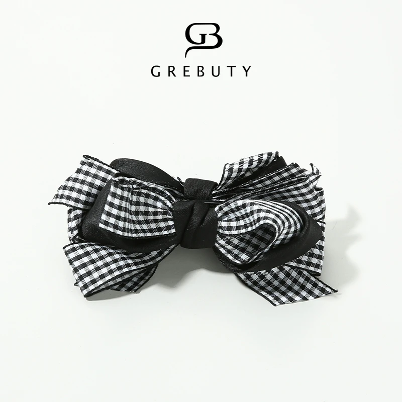 GREBUTY 非金属布艺发饰 4573 新品棋盘格蝴蝶结香蕉夹