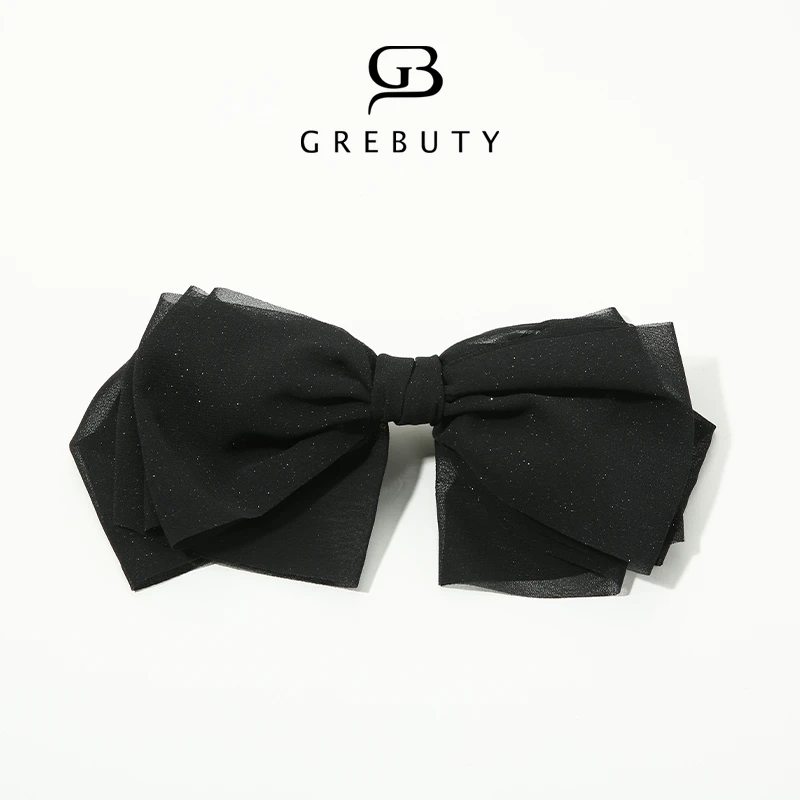 GREBUTY 4535 新品黑色细闪多层蝴蝶结弹簧夹