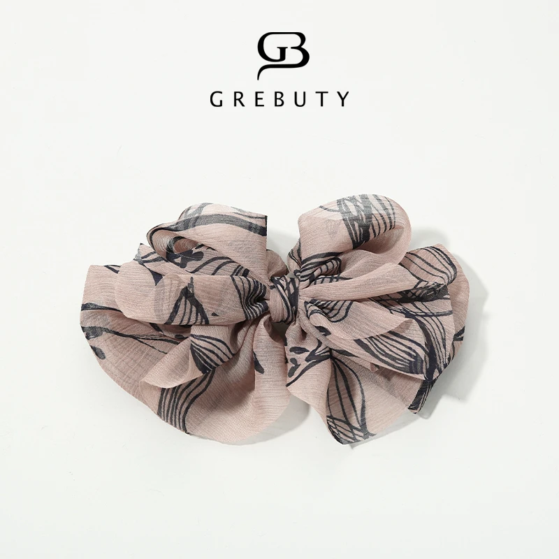 GREBUTY 非金属布艺发饰 4512 新品米色时尚气质蝴蝶结弹簧夹