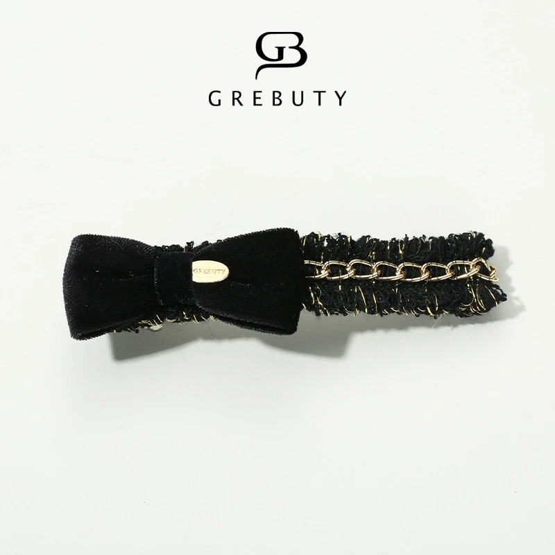 GREBUTY 3732新品黑色蝴蝶结链条一字弹簧夹