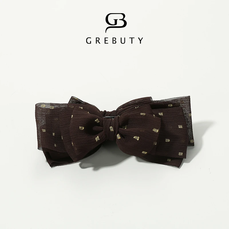 GREBUTY 非金属布艺发饰 4606 新品咖色点点蝴蝶结香蕉夹