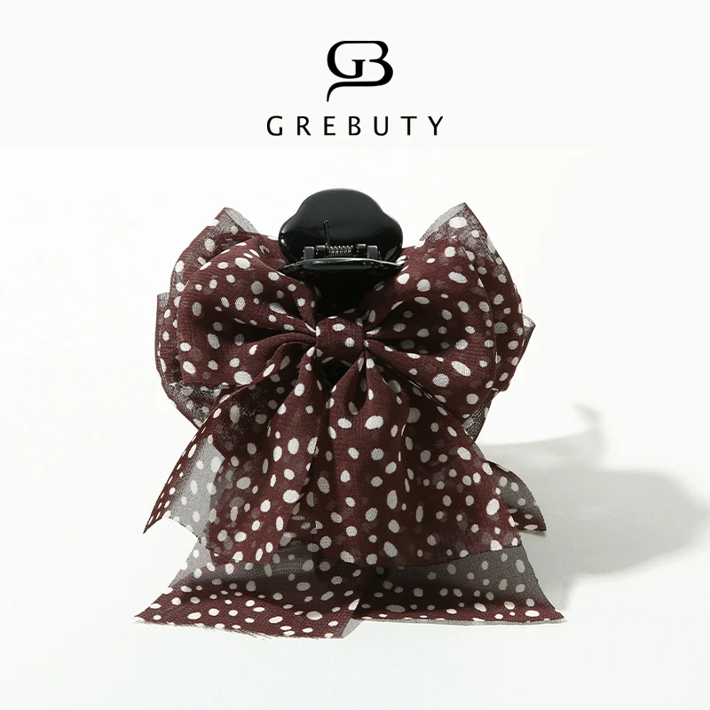 GREBUTY 4610 新品咖色点点蝴蝶结丸子头抓夹