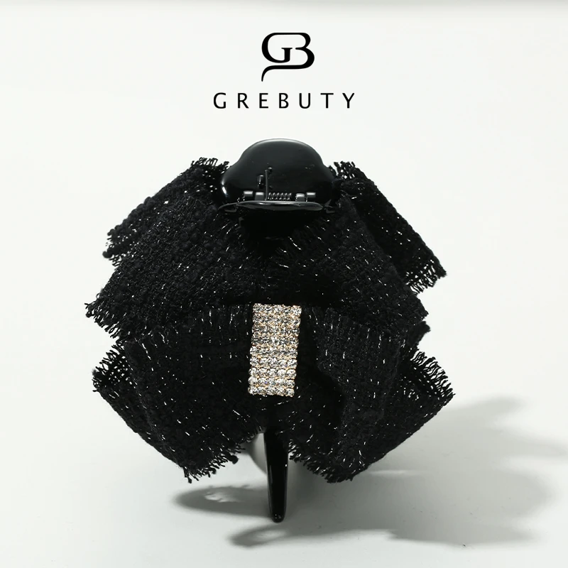 GREBUTY 4585 新品黑色小香风闪闪蝴蝶结丸子抓夹