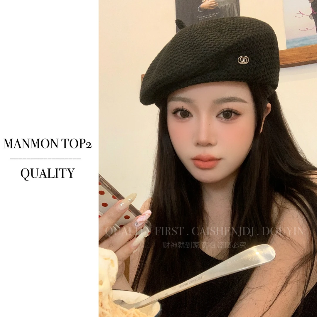 Manmon`升级草编绒款空针织贝雷帽子女薄款透气蓓蕾帽日系画家帽