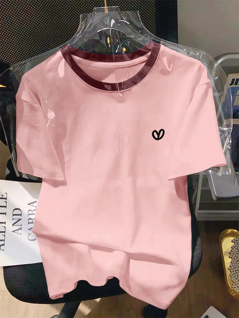 小众设计感正肩撞色短袖t恤女别致时尚洋气粉色上衣打底衫春夏季