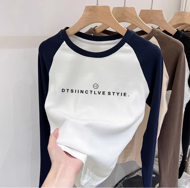 圆领正肩长袖t恤女2023新款爆款打底衫百搭拼色插肩上衣春秋冬季