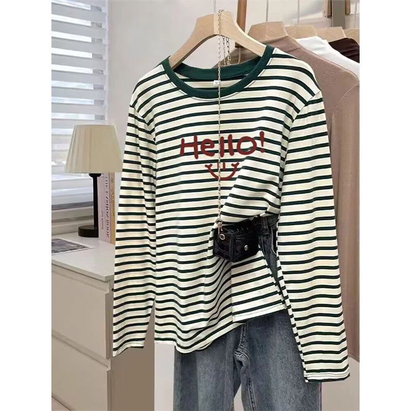正肩条纹长袖t恤女2024秋冬季宽松休闲设计感小众别致上衣ins潮牌