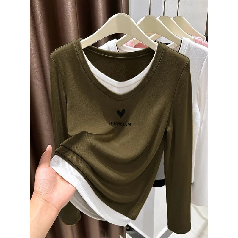 设计感假两件V领长袖t恤女早秋冬新款内搭打底衫休闲时尚百搭上衣