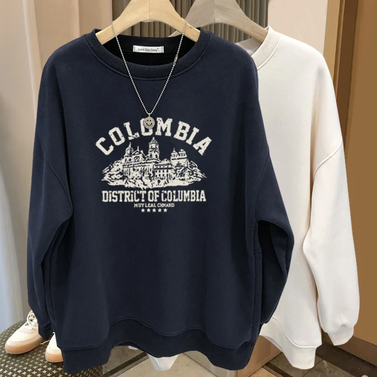 圆领情侣外套卫衣女士美式高端宽松休闲加绒套头洋气上衣春秋冬季