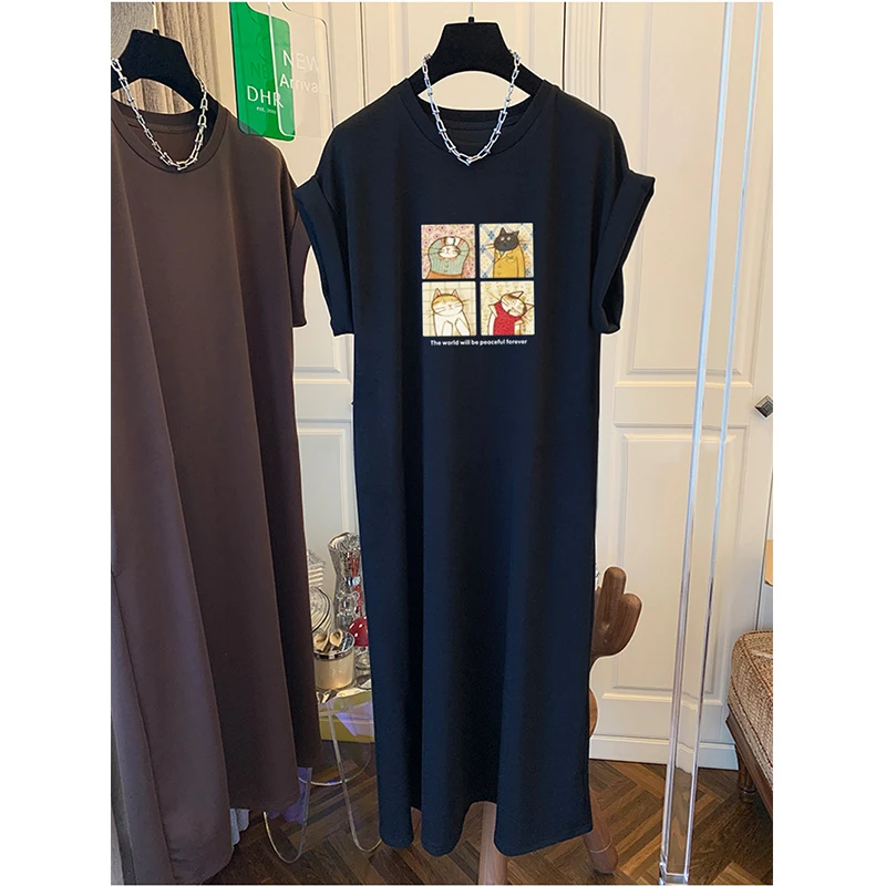 爆款小飞袖T恤裙女2025新款宽松休闲胖mm大码连衣裙开叉长裙夏季