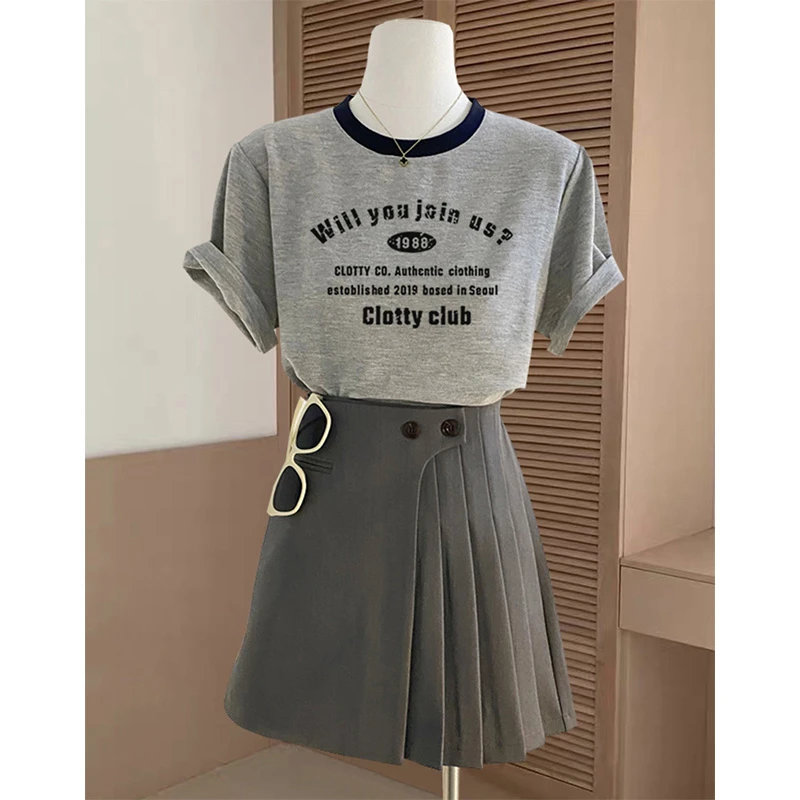 欧货正肩撞色短袖t恤女款2025新款时尚洋气灰色上衣打底衫春夏季