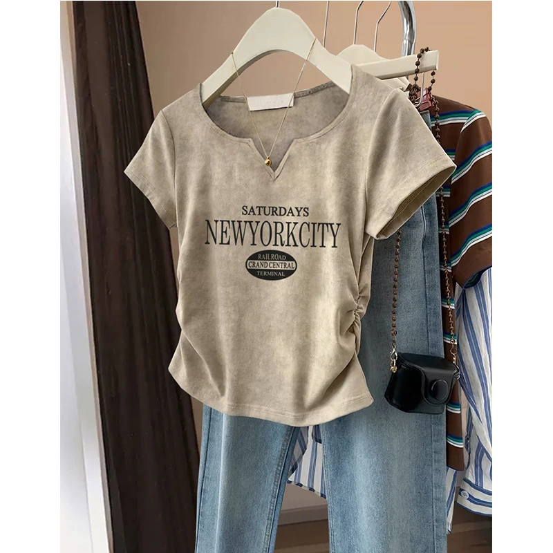 2025新款网红高档V领短袖t恤女设计感收腰修身百搭上衣打底衫夏季