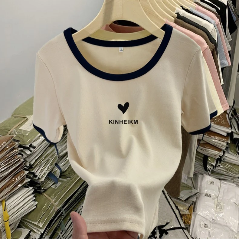 2023新款正肩撞色短袖T恤女时尚百搭减龄白色上衣打底衫U领显瘦潮