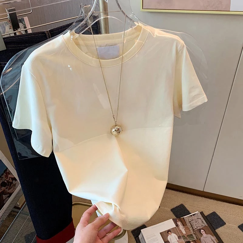 网红正肩圆领短袖t恤女时尚百搭减龄显瘦上衣内搭打底衫春夏季潮