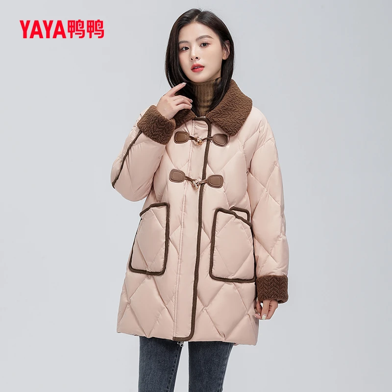 YAYA/鸭鸭羽绒服女中长款撞色翻领时尚百搭韩版厚外套YE3B606423B